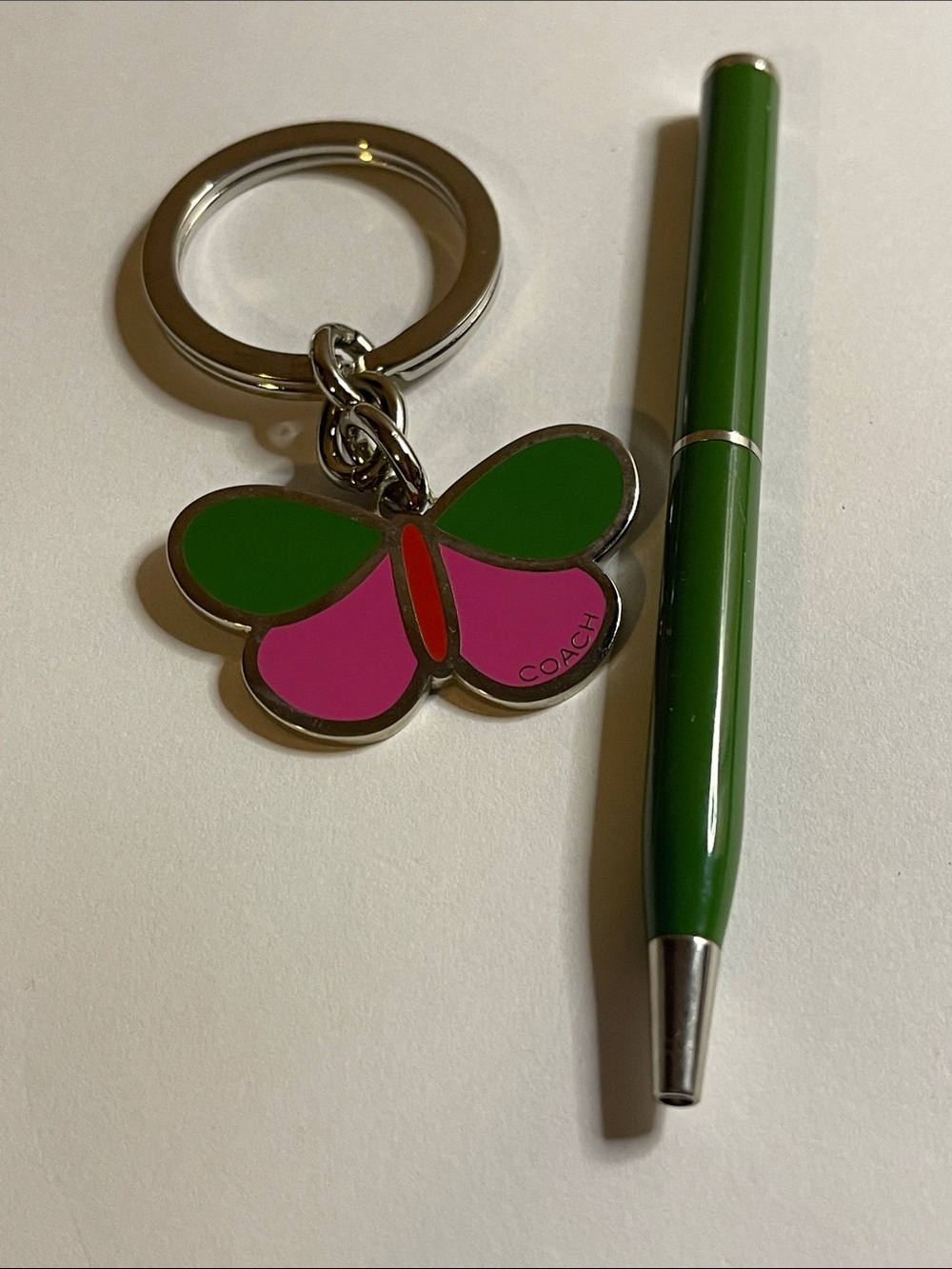 COACH Green & Pink Butterfly Enamel Keychain Charm and Coach Pen